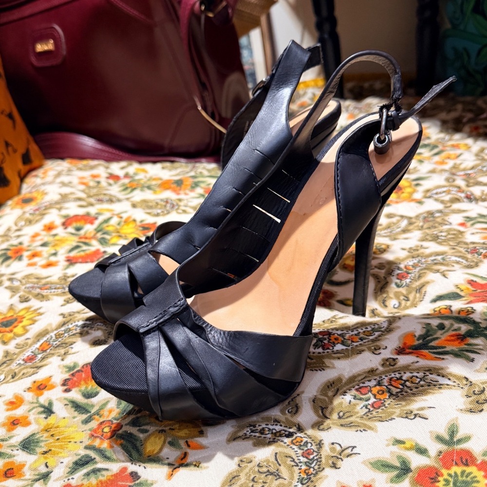 Y2K‎ L.A.M.B. Black Leather Platform Slingback Caged Stiletto Heels Size 8M